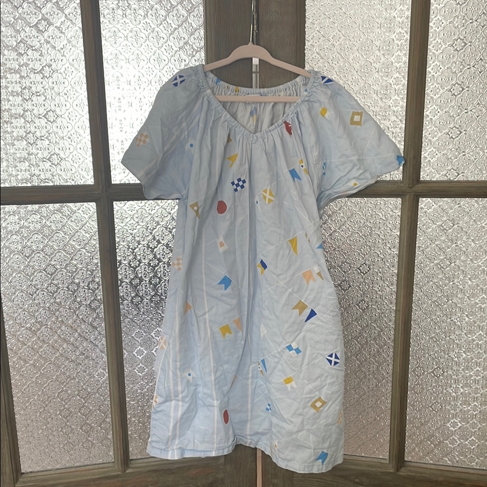 Paloma Blue Dress with Sailing Flag Pattern - Girl’s 8-9Y